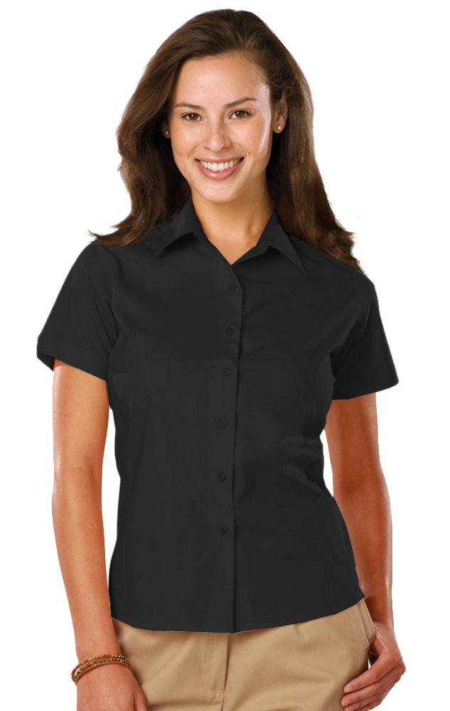 LADIES EASY CARE STRETCH SS POPLIN -  BLACK 2 EXTRA LARGE SOLID