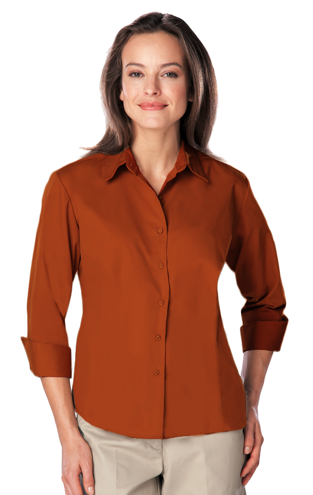 LADIES 3/4 SLEEVE EASY CARE POPLIN WITH MATCHING BUTTONS  -  BURNT ORANGE SMALL SOLID