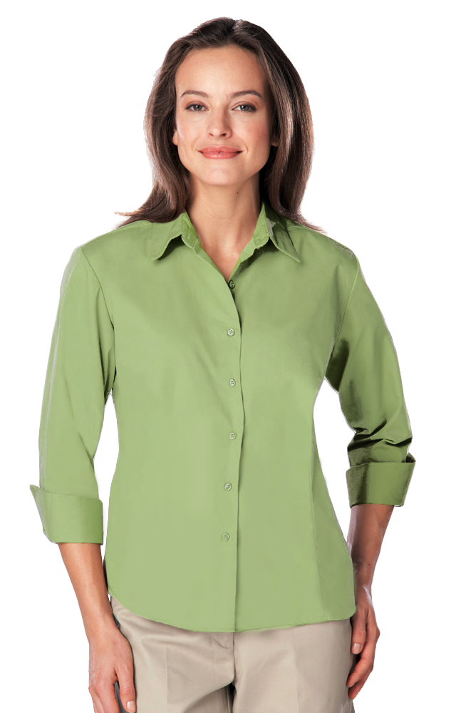 LADIES 3/4 SLEEVE EASY CARE POPLIN WITH MATCHING BUTTONS  -  CACTUS SMALL SOLID