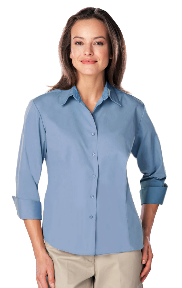 LADIES 3/4 SLEEVE EASY CARE POPLIN WITH MATCHING BUTTONS  -  LIGHT BLUE SMALL SOLID