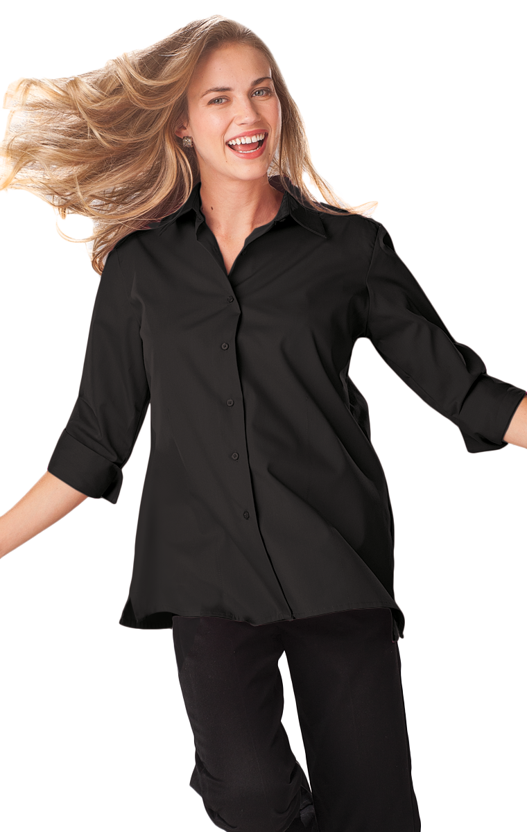 LADIES 3/4 SLEEVE EASY CARE POPLIN SWING BLOUSE/MATCHING BUTTONS   -  BLACK 2 EXTRA LARGE SOLID