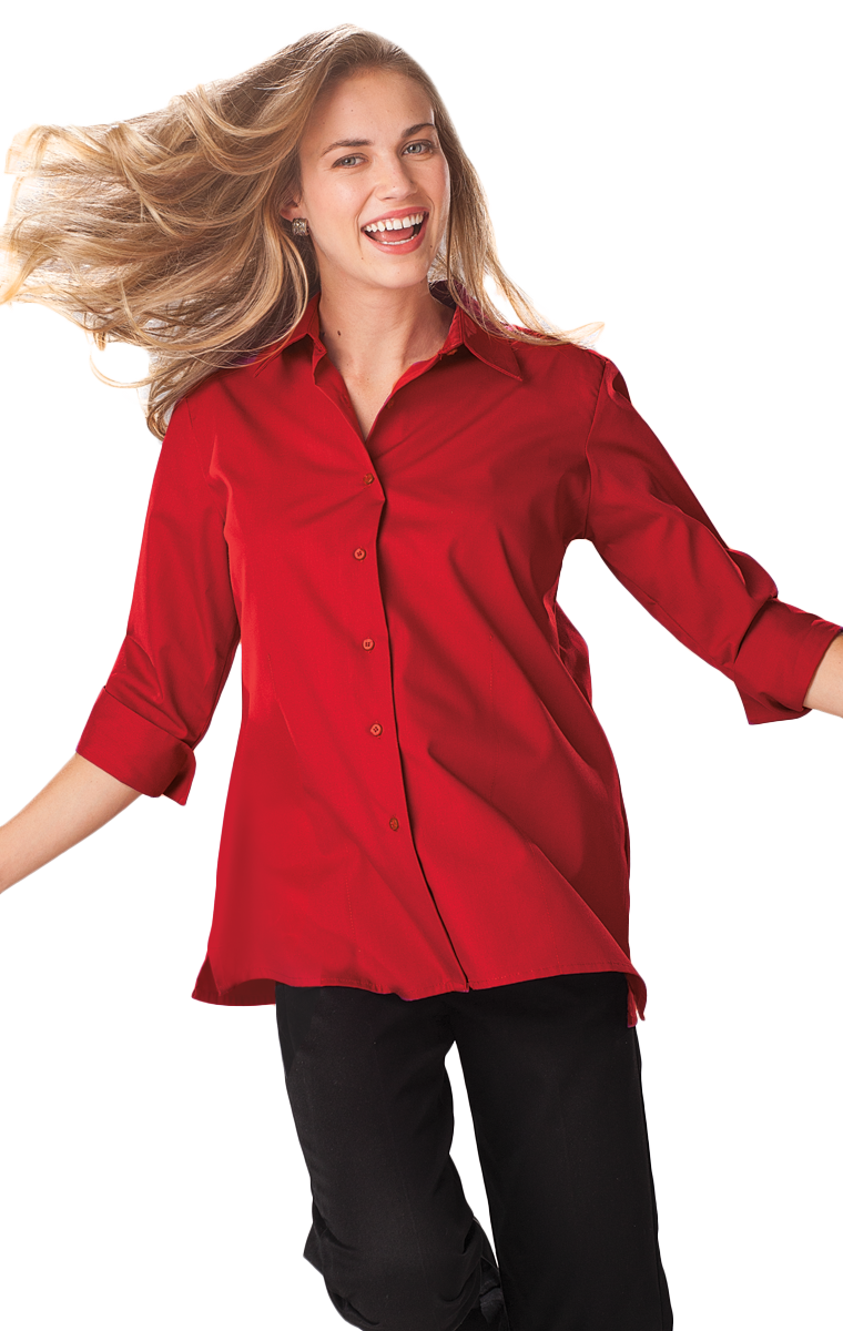 LADIES 3/4 SLEEVE EASY CARE POPLIN SWING BLOUSE/MATCHING BUTTONS   -  RED SMALL SOLID