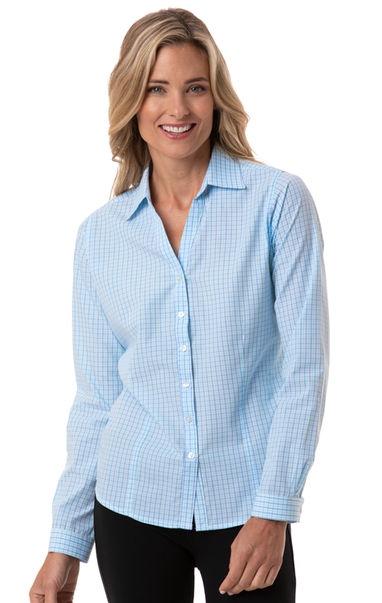 LADIES L/S UNTUCKED PLAID NO POCKET AQUA SMALL SOLID