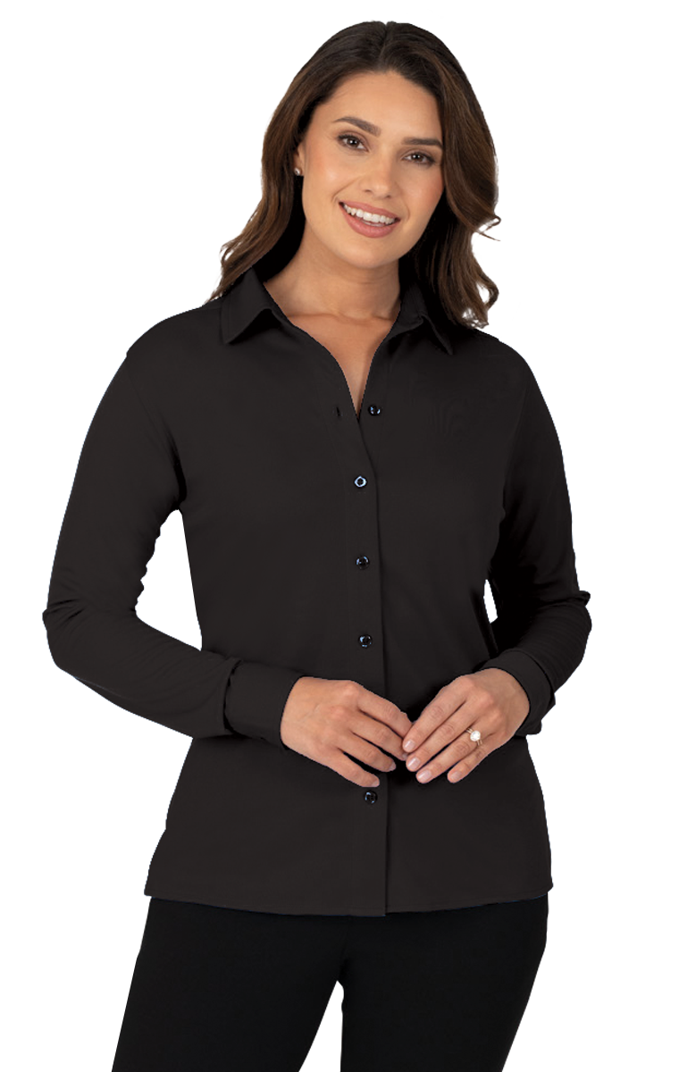 LADIES L/S BUTTON FRONT KNIT SHIRT BLACK 2 EXTRA LARGE SOLID