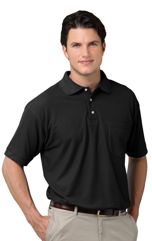 MENS SHORT SLEEVE TEFLON TREATED PIQUES WITH POCKET  -  BLACK EXTRA SMALL SOLID