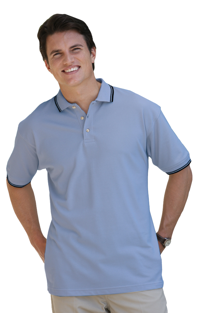 MENS SHORT SLEEVE TIPPED COLLAR & CUFF PIQUES  -  LIGHT BLUE 2 EXTRA LARGE TIPPED NAVY