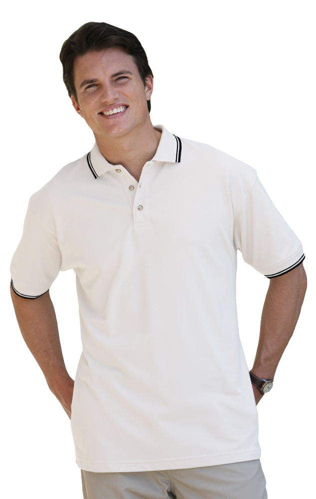 MENS SHORT SLEEVE TIPPED COLLAR & CUFF PIQUES  -  WHITE 2 EXTRA LARGE TIPPED BLACK