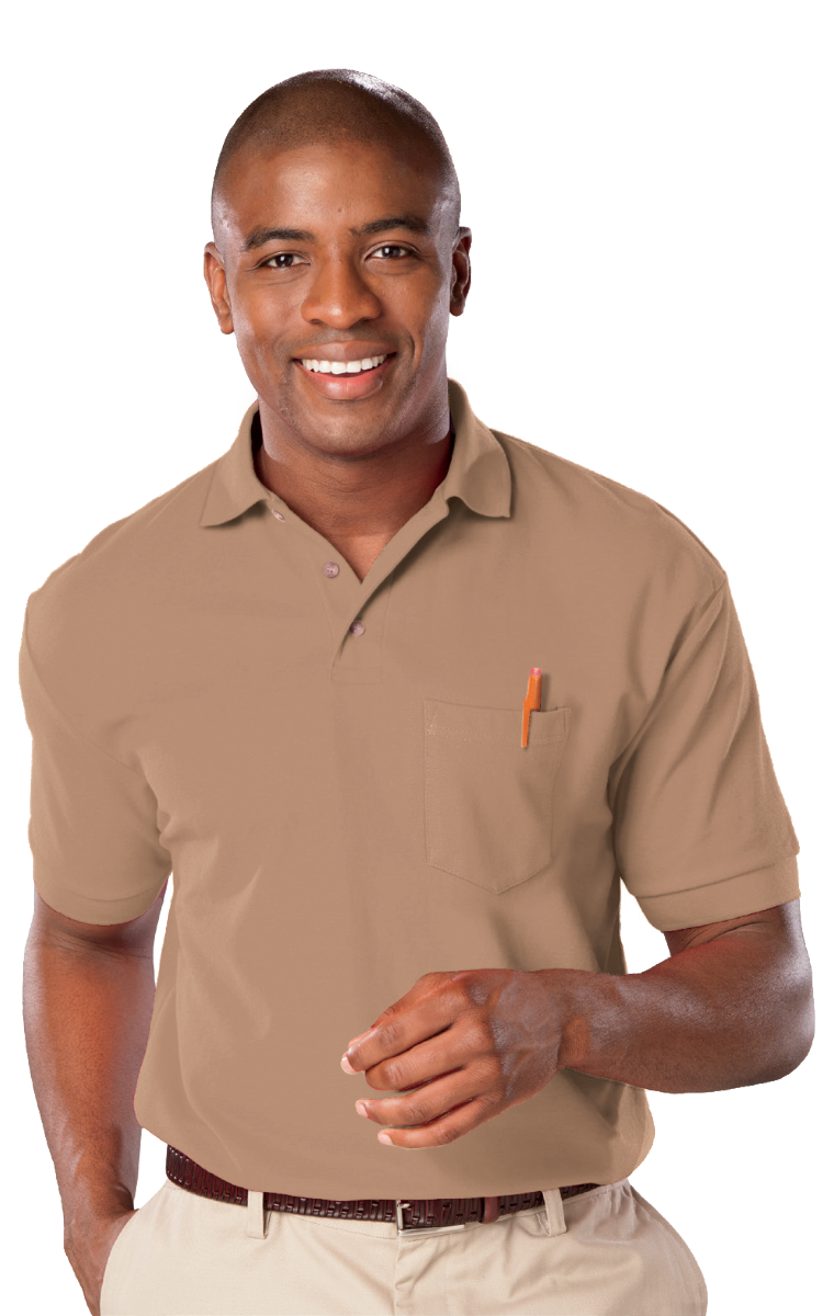 MENS SHORT SLEEVE SUPERBLEND PIQUE WITH POCKET  -  TAN 2 EXTRA LARGE SOLID