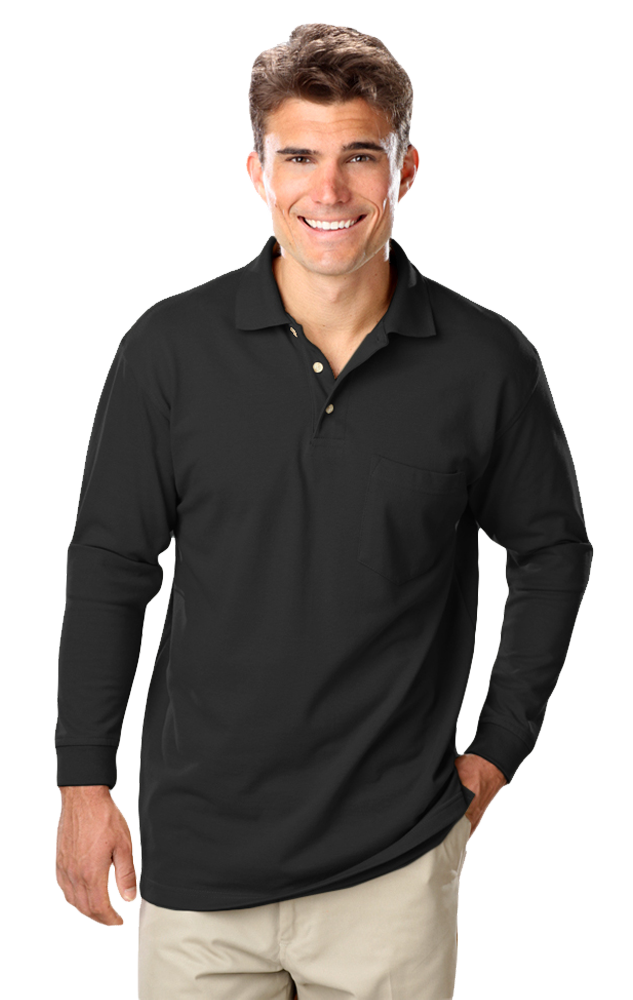 MENS LONG SLEEVE SUPERBLEND PIQUE WITH POCKET  -  BLACK 5 EXTRA LARGE SOLID