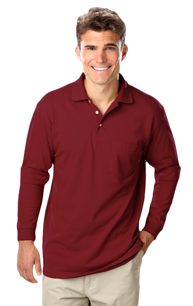 MENS LONG SLEEVE SUPERBLEND PIQUE WITH POCKET  -  BURGUNDY 2 EXTRA LARGE SOLID