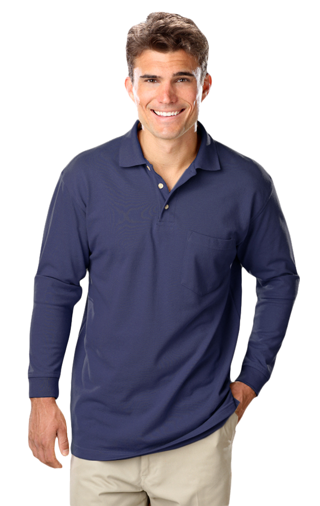 MENS LONG SLEEVE SUPERBLEND PIQUE WITH POCKET  -  NAVY 2 EXTRA LARGE SOLID