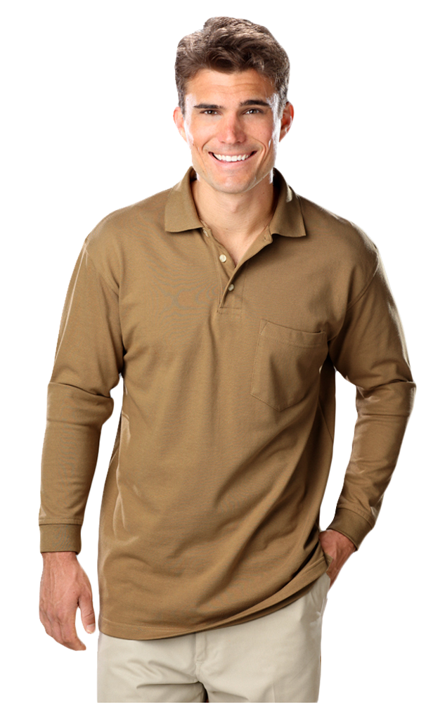 MENS LONG SLEEVE SUPERBLEND PIQUE WITH POCKET  -  TAN 2 EXTRA LARGE SOLID