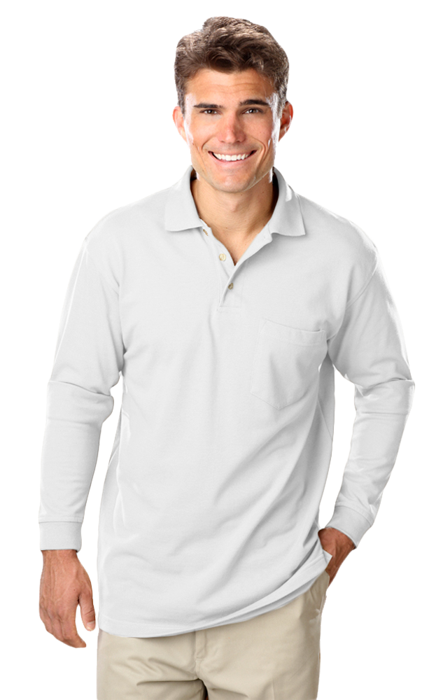 MENS LONG SLEEVE SUPERBLEND PIQUE WITH POCKET  -  WHITE 2 EXTRA LARGE SOLID