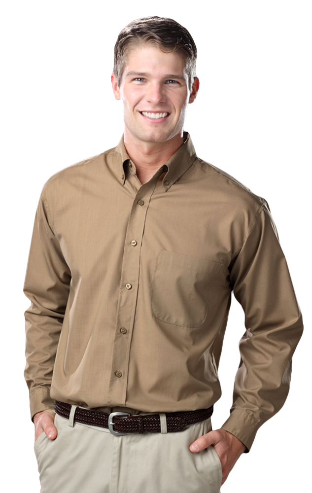 MEN'S L/S LIGHT WEIGHT POPLIN SHIRT  -  TAN SMALL SOLID