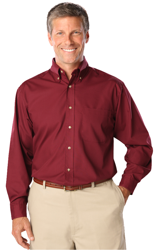 MENS LONG SLEEVE EASY CARE POPLIN  -  BURGUNDY SMALL  SOLID