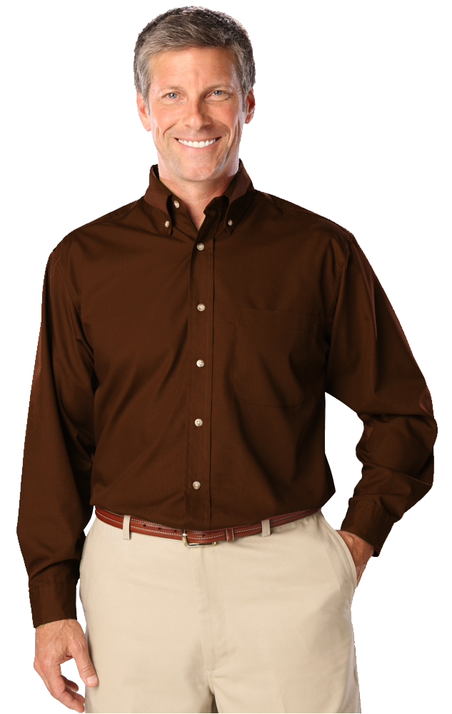 MENS LONG SLEEVE EASY CARE POPLIN  -  CHOCOLATE SMALL SOLID