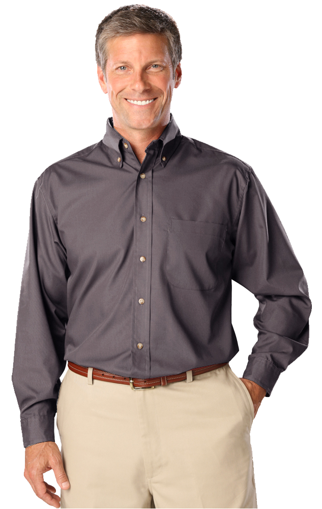 MENS LONG SLEEVE EASY CARE POPLIN  -  GRAPHITE SMALL SOLID