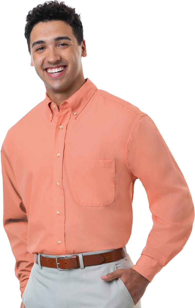 MENS LONG SLEEVE EASY CARE POPLIN  -  SALMON SMALL SOLID