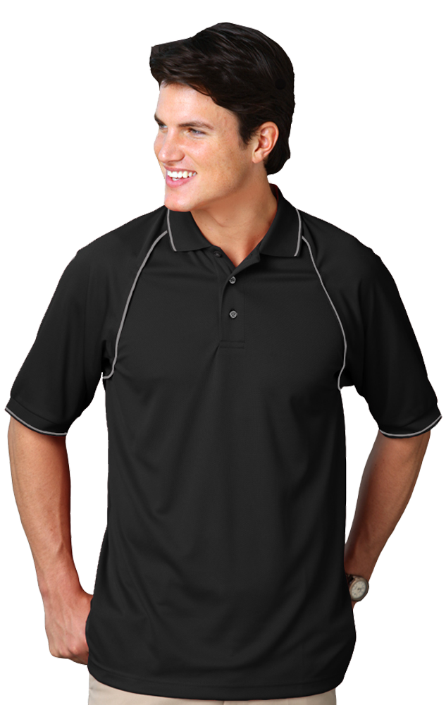 MENS WICKING PIPED POLO  -  BLACK 2 EXTRA LARGE SOLID