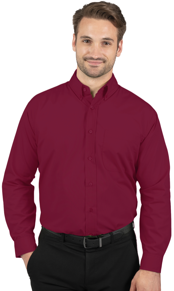 MENS LONG SLEEVE EASY CARE POPLIN WITH MATCHING BUTTONS  -  BURGUNDY 2 EXTRA LARGE SOLID