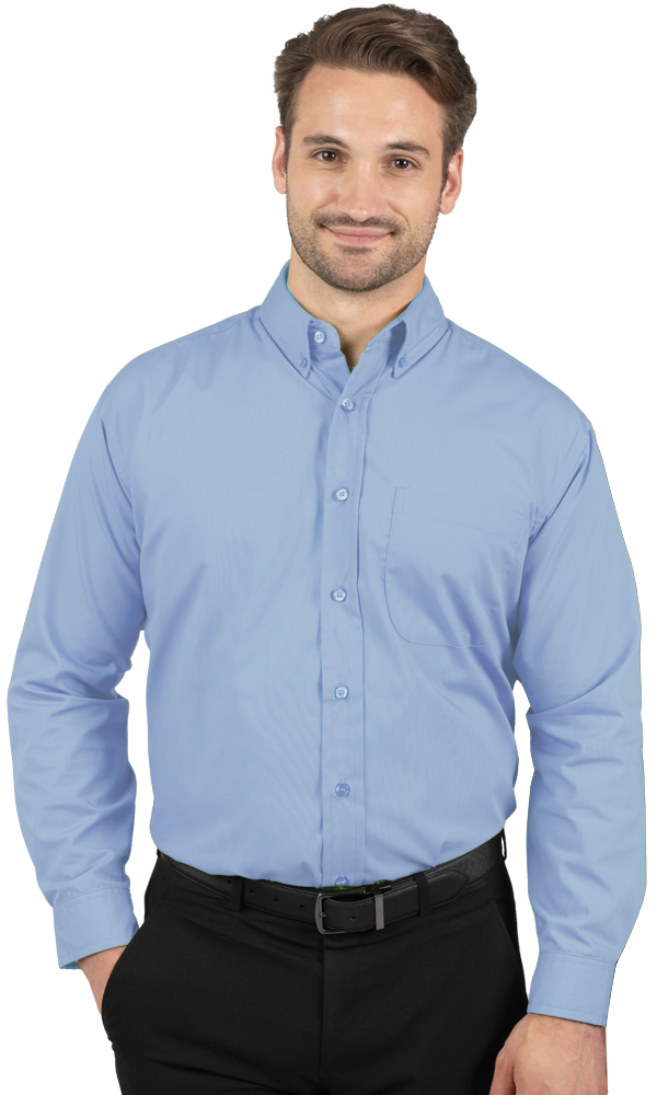 MENS LONG SLEEVE EASY CARE POPLIN WITH MATCHING BUTTONS  -  LIGHT BLUE SMALL SOLID