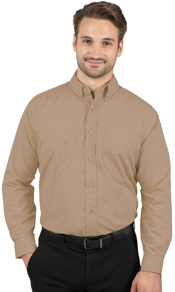 MENS LONG SLEEVE EASY CARE POPLIN WITH MATCHING BUTTONS  -  TAN 2 EXTRA LARGE SOLID