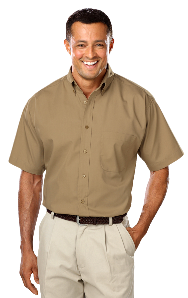 MENS SHORT SLEEVE EASY CARE POPLIN WITH MATCHING BUTTONS  -  TAN 2 EXTRA LARGE SOLID