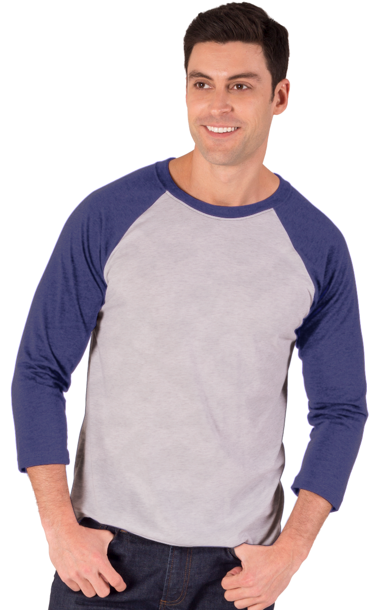 ADULT TRIBLEND 3/4 SLEEVE BASEBALL CREW NECK -  BLUE EXTRA SMALL TRIM LIGHT GREY