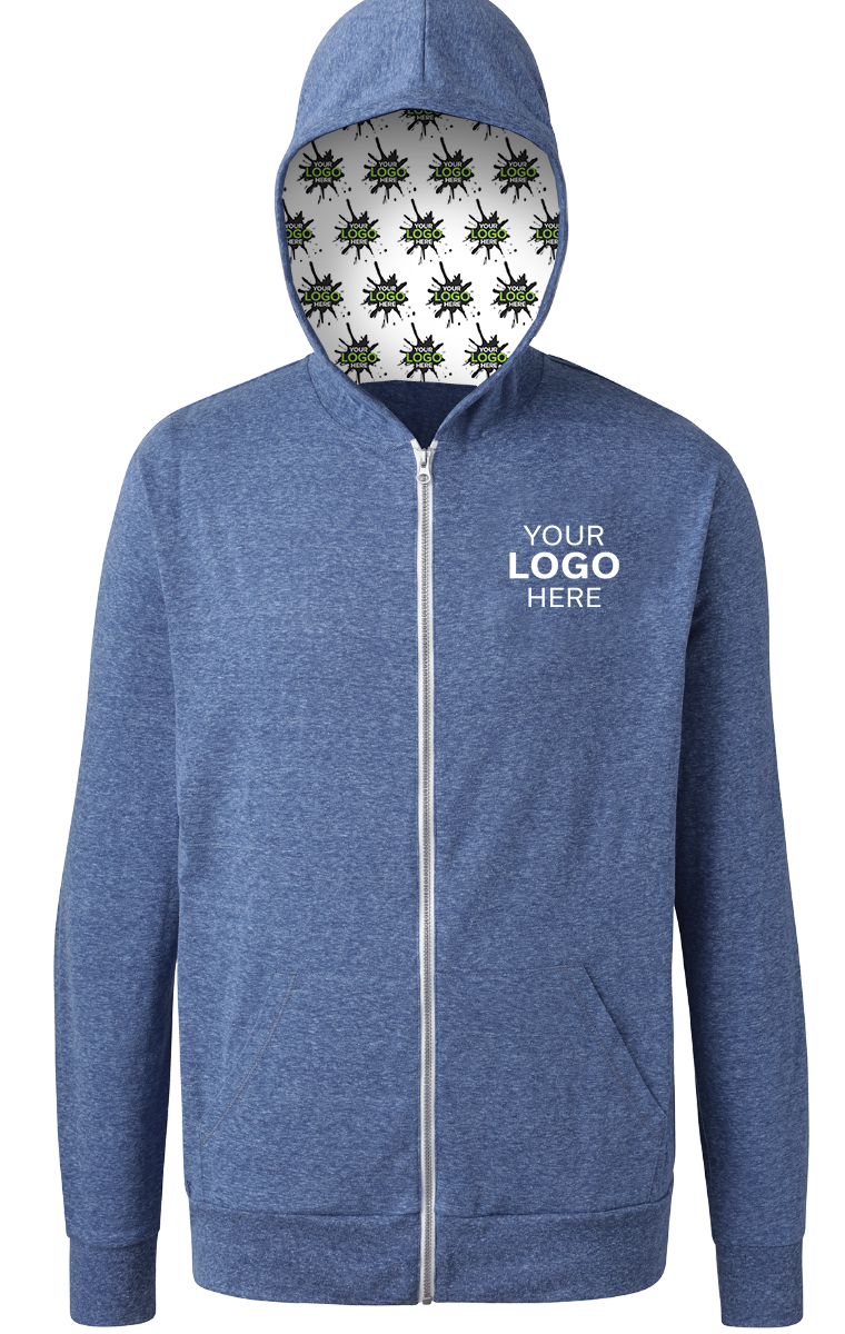 YOUR LOGO HERE ADULT TRIBLEND ZIP FRONT HOODIE BLUE EXTRA SMALL SOLID