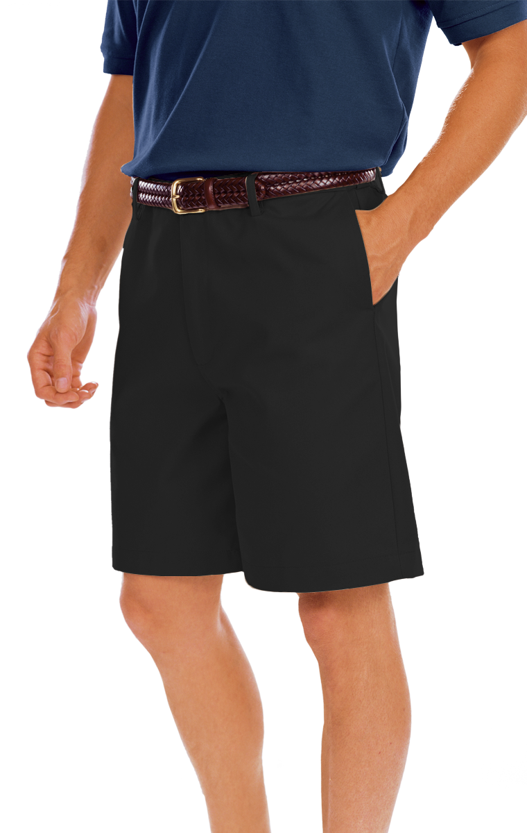 MENS FLAT FRONT TEFLON TREATED TWILL SHORTS  -  BLACK LENGTH 8 INCH WAIST 28