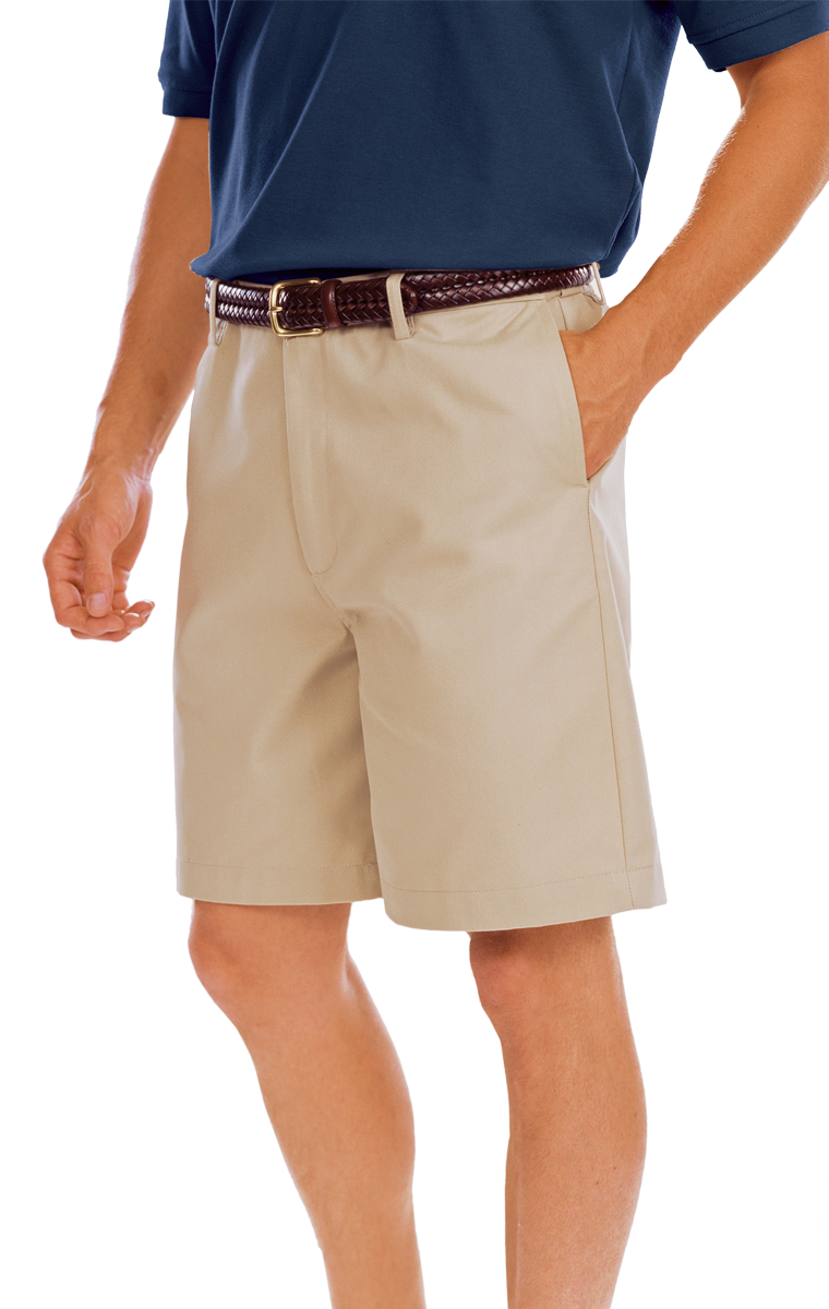 MENS FLAT FRONT TEFLON TREATED TWILL SHORTS  -  KHAKI LENGTH 8 INCH WAIST 28