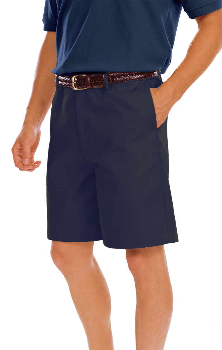 MENS FLAT FRONT TEFLON TREATED TWILL SHORTS CO# -  NAVY LENGTH 8 INCH WAIST 28