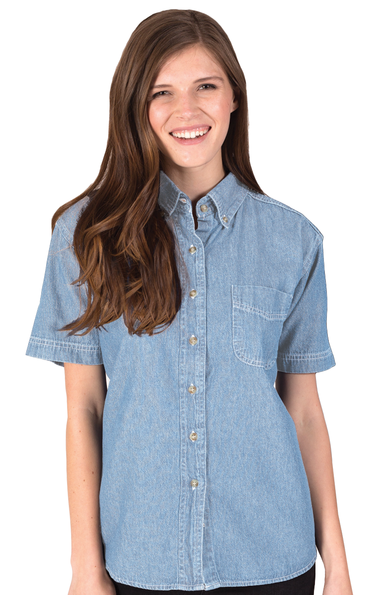 LADIES SHORT SLEEVE PREMIUM DENIM  -  FADED BLUE 2 EXTRA LARGE SOLID