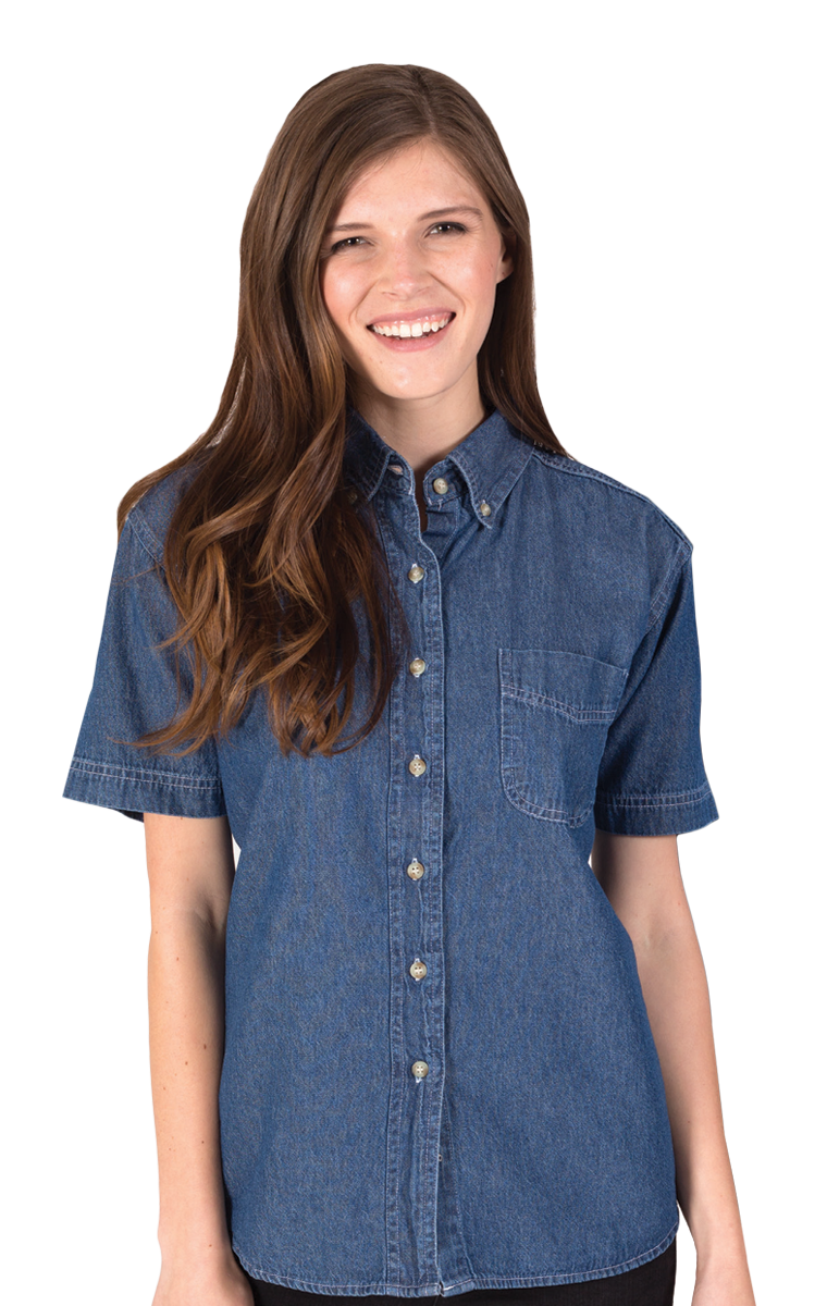 LADIES SHORT SLEEVE PREMIUM DENIM  -  VINTAGE BLUE 2 EXTRA LARGE SOLID