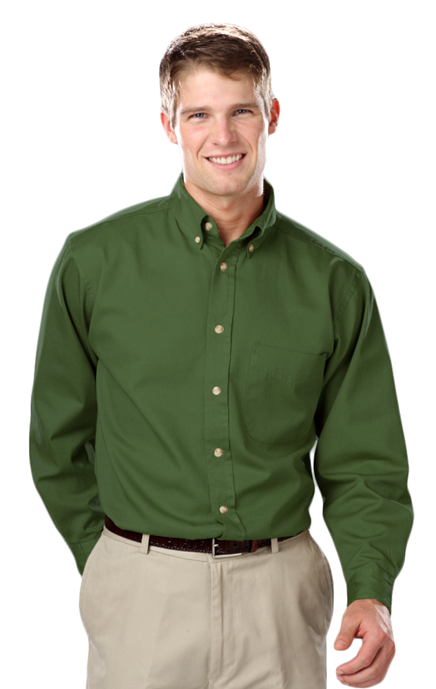 MENS LONG SLEEVE 100% COTTON TWILL -  OLIVE 2 EXTRA LARGE  SOLID