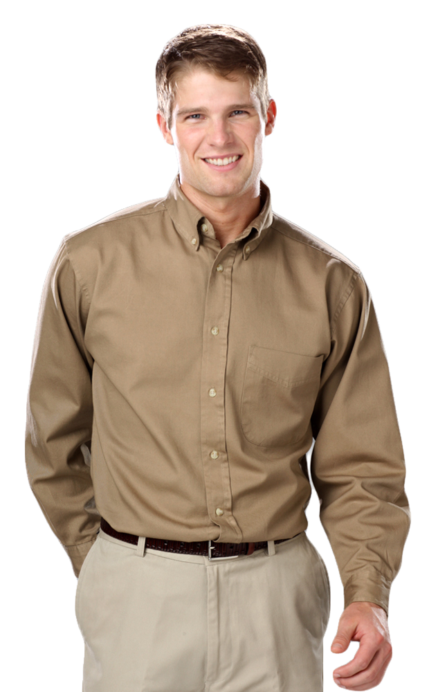 MENS LONG SLEEVE 100% COTTON TWILL  -  TAN 2 EXTRA LARGE  SOLID