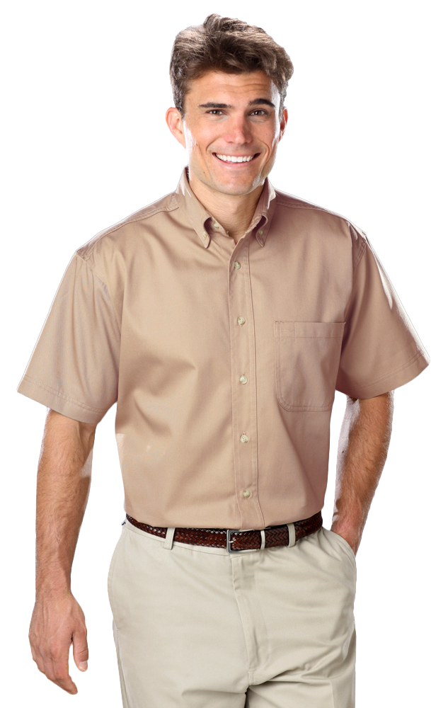 MENS SHORT SLEEVE 100% COTTON TWILL -  NATURAL 2 EXTRA LARGE SOLID