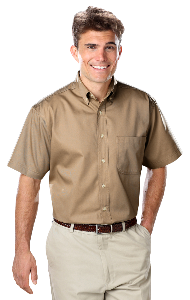 MENS SHORT SLEEVE 100% COTTON TWILL  -  TAN 2 EXTRA LARGE SOLID