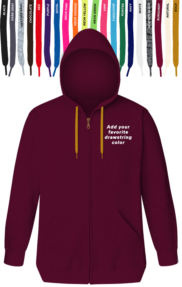 CUSTOM DRAWSTRING ZIP-UP HOODIE BURGUNDY 2 EXTRA LARGE SOLID