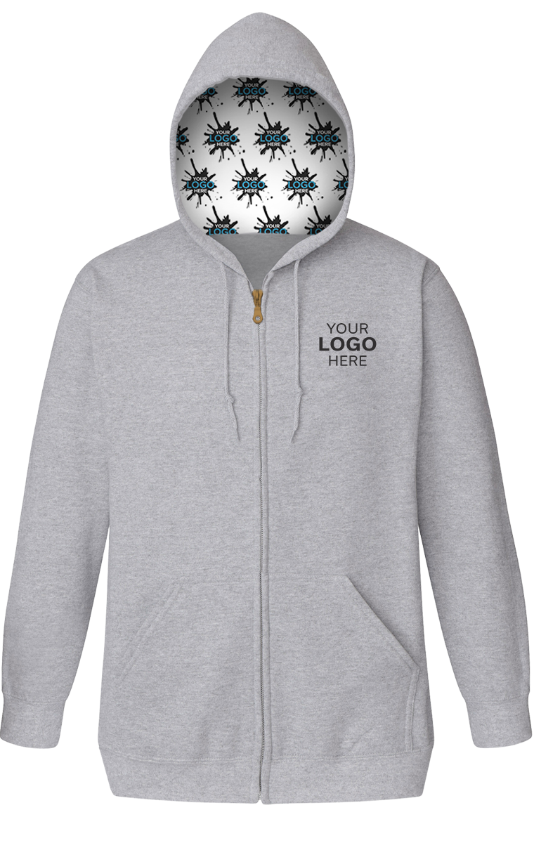 YOUR LOGO HERE FLEECE ZIP FRONT HOODIE GREY HEATHER SMALL SOLID