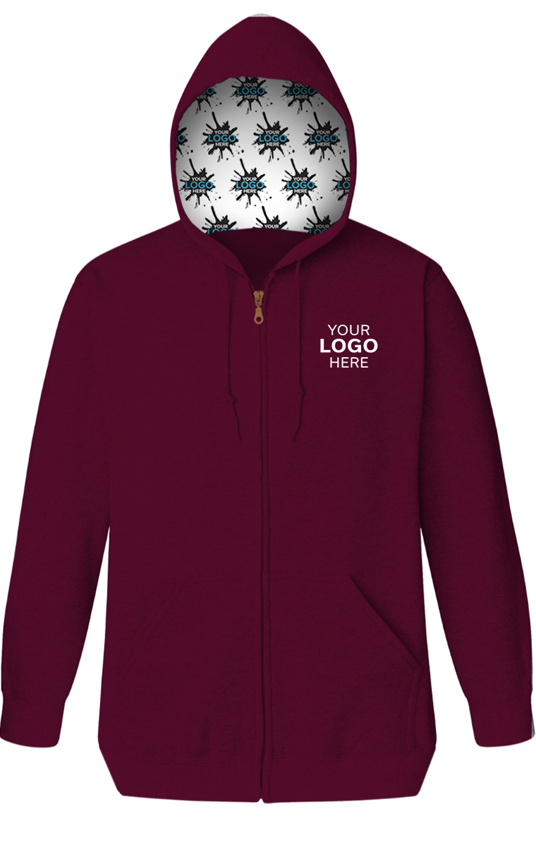 YOUR LOGO HERE FLEECE ZIP FRONT HOODIE BURGUNDY SMALL SOLID