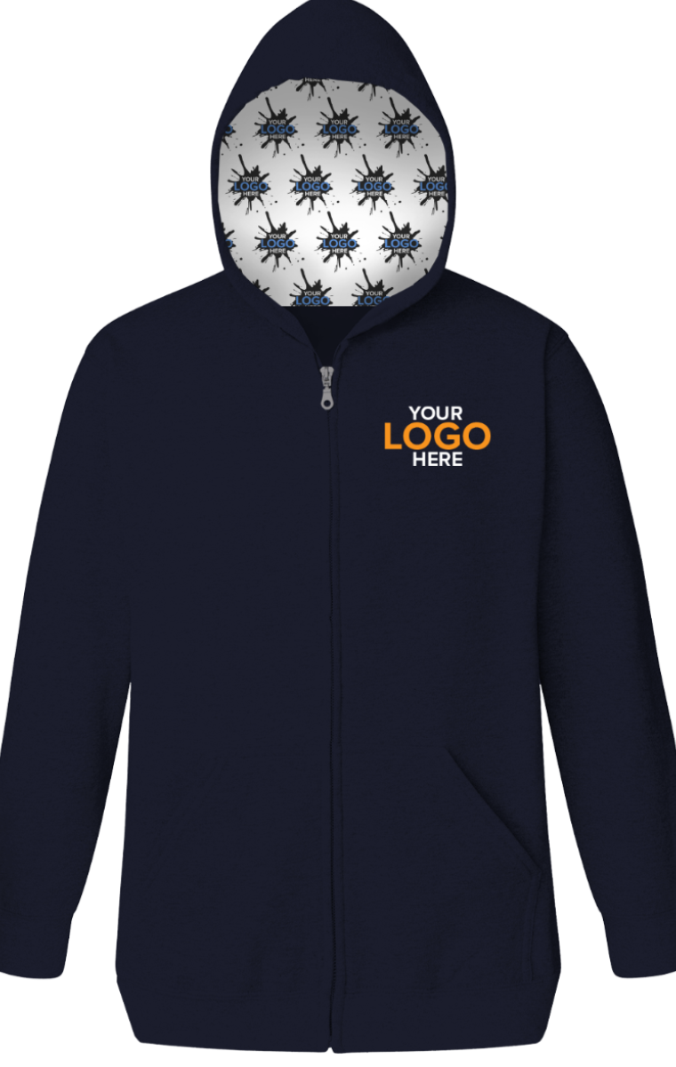 YOUR LOGO HERE ADULT FLEECE ZIP FRONT HOODIE NAVY SMALL SOLID